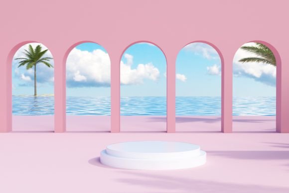 White Podium with Arches Tropical Trees: A Versatile Stage Design for Modern Product Photography